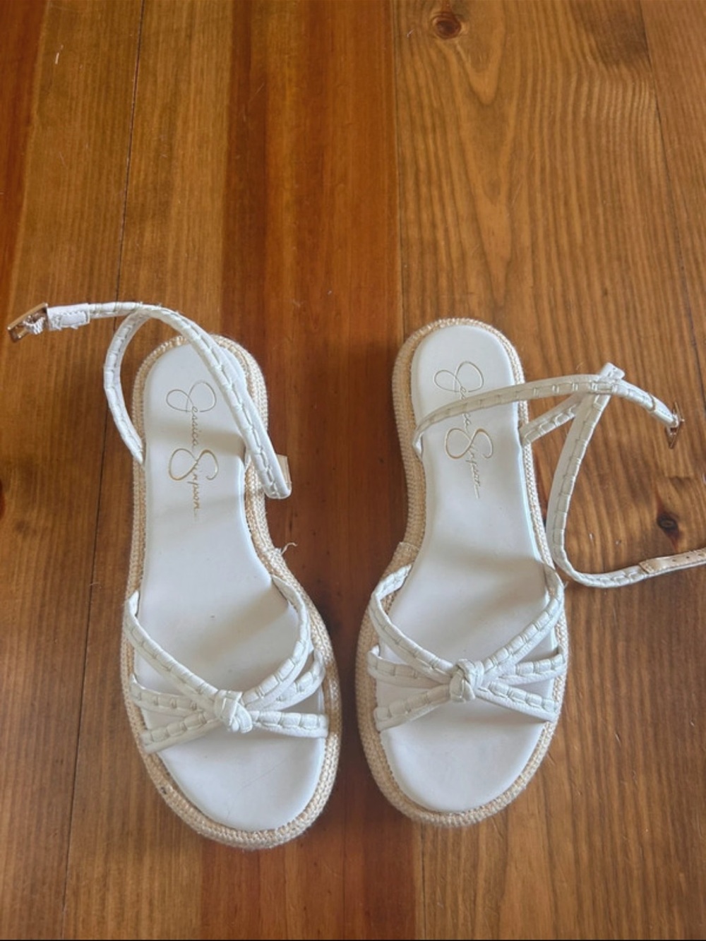 Jessica Simpson White Braided Ankle-Strap Espadrille Wedge Flat Sandals